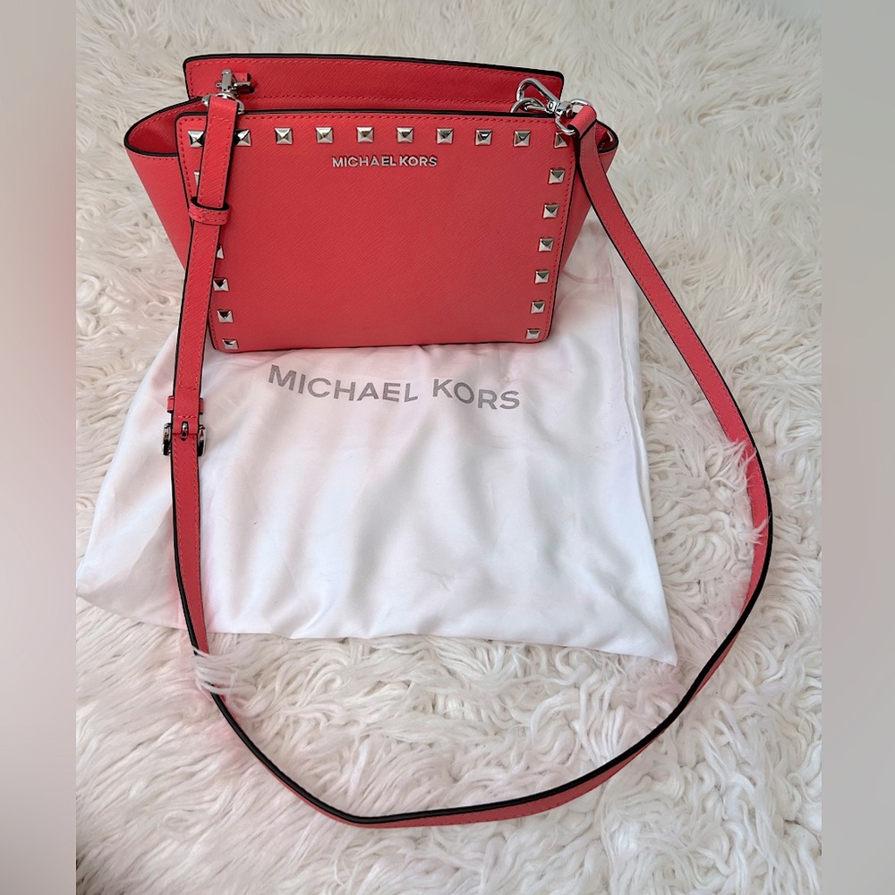 New Michael Kors Selma Studded Bag in Coral